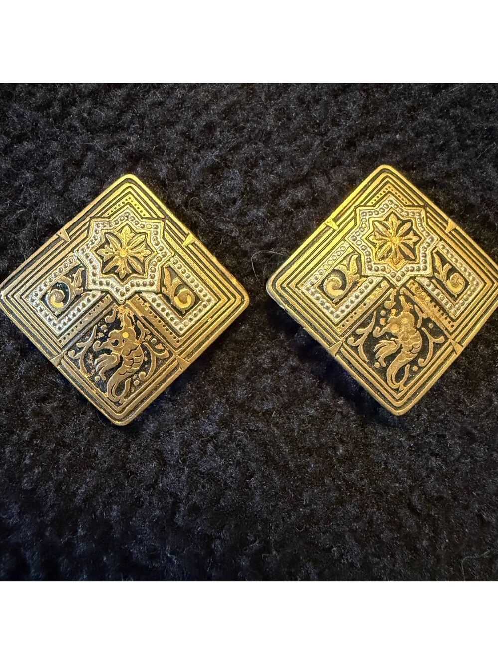 Vintage Damascene Clip On Earrings, Spain